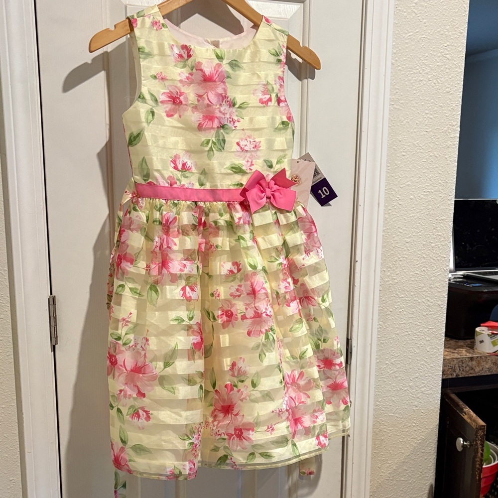 Jona Michelle Cream Dress with Pink Floral Print and Pink Bow